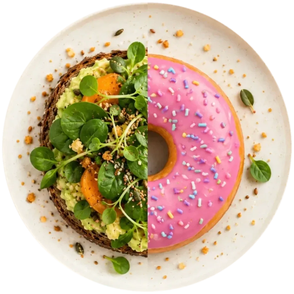 Tostada de verduras a la izquierda y un donut rosa con confeti a la derecha